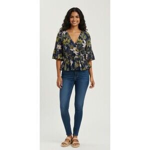 Lost + Wander Navy Isla Botanical Floral V-Neck Flutter Sleeve Blouse Size Large